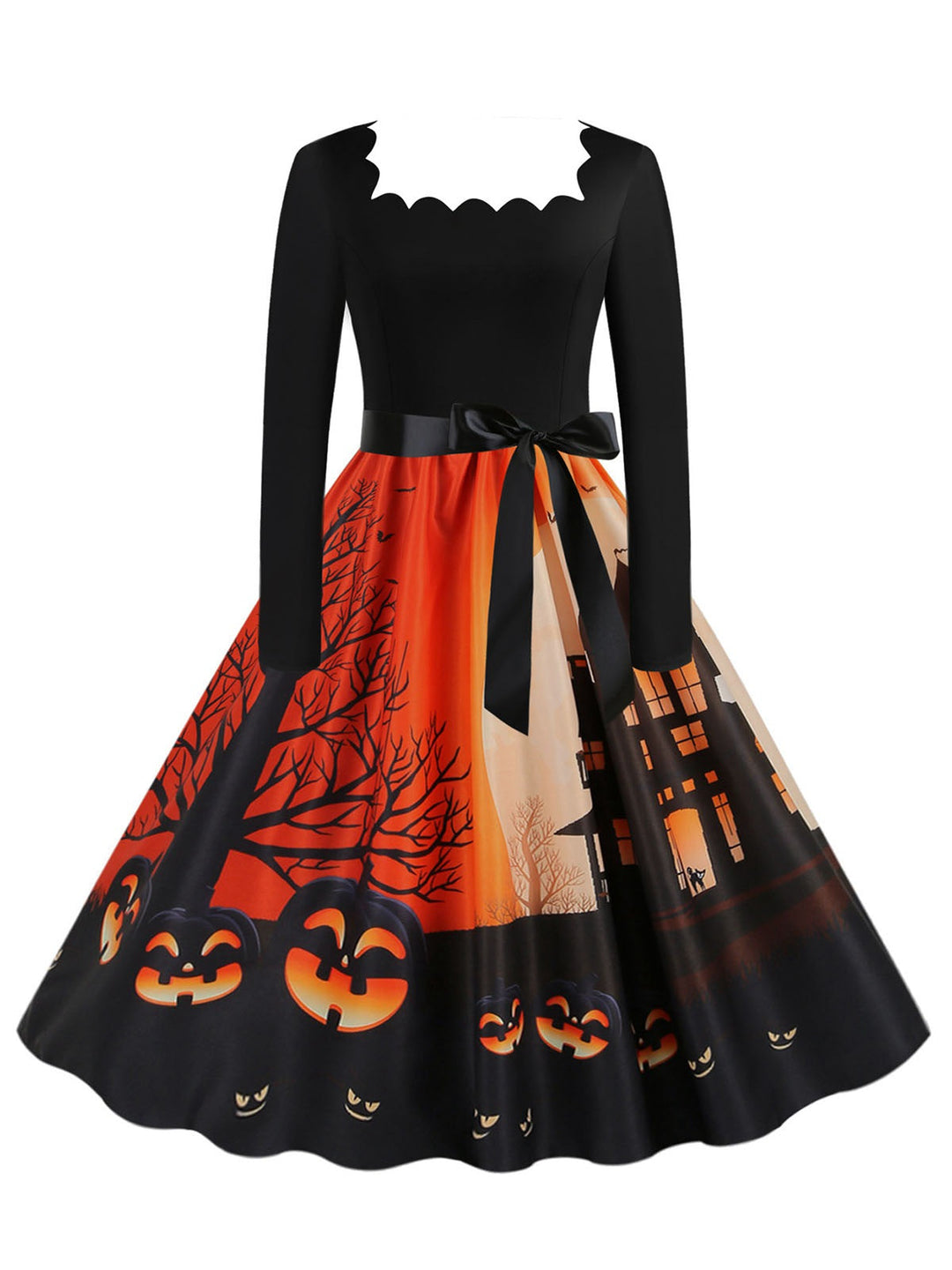 She slips into this 1950s Halloween Patchwork Long Sleeves Dress and suddenly it&