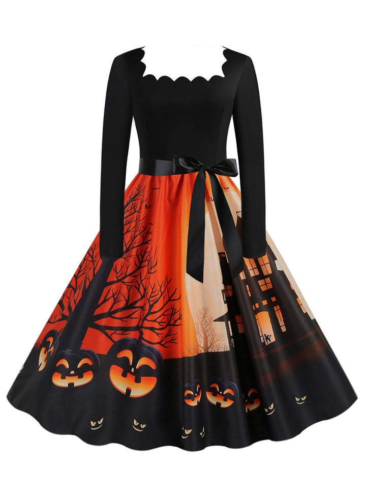 She slips into this 1950s Halloween Patchwork Long Sleeves Dress and suddenly it&