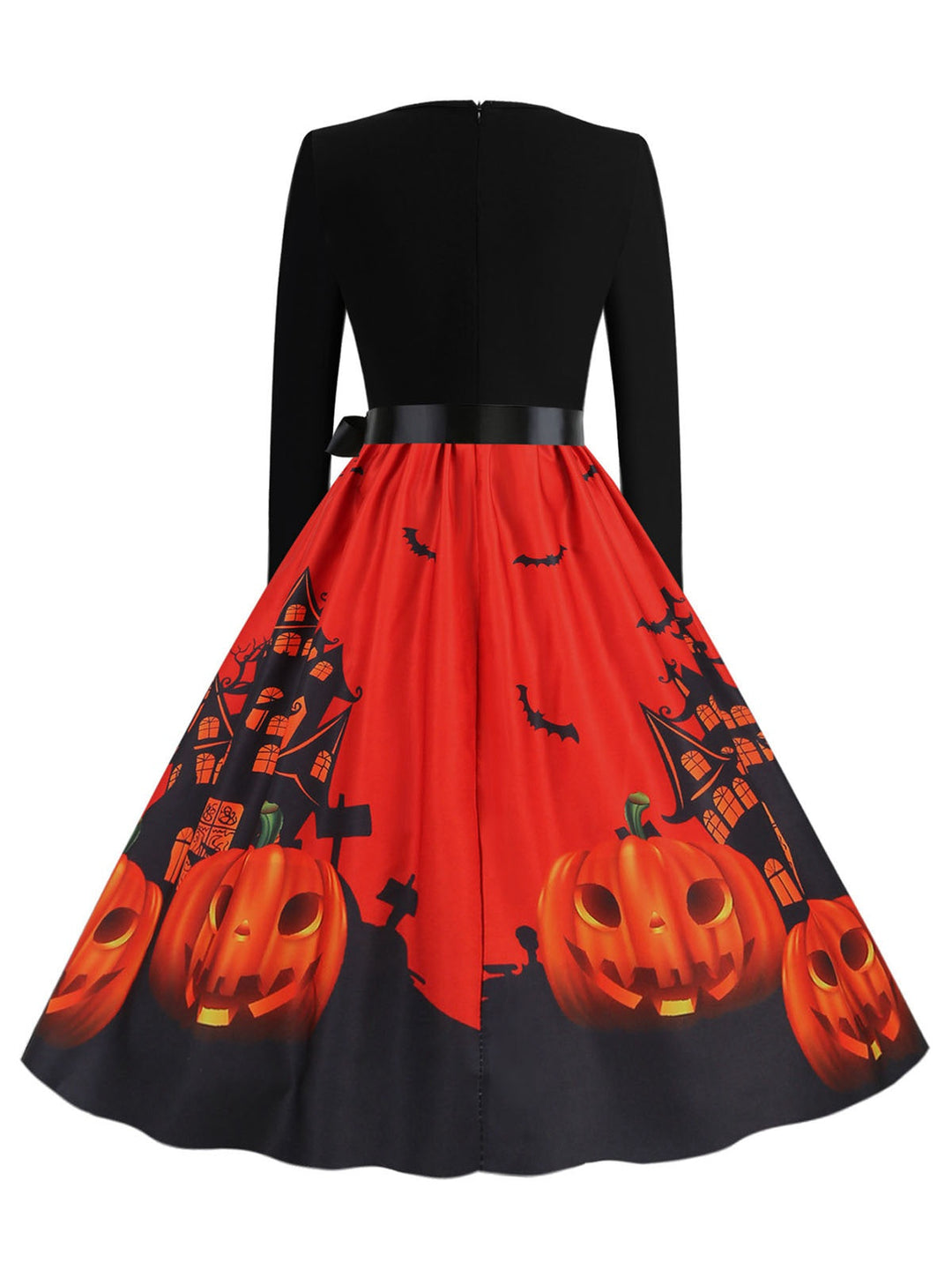 She slips into this 1950s Halloween Patchwork Long Sleeves Dress and suddenly it&