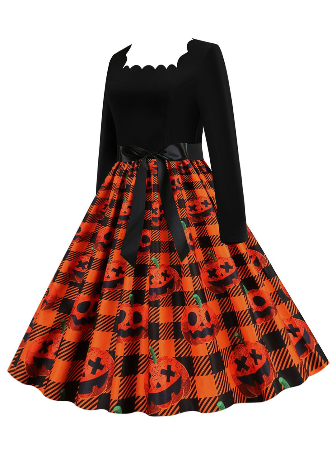 This 1950s Halloween Patchwork Long Sleeves Dress wraps her in 1950s elegance, one twirl at a time