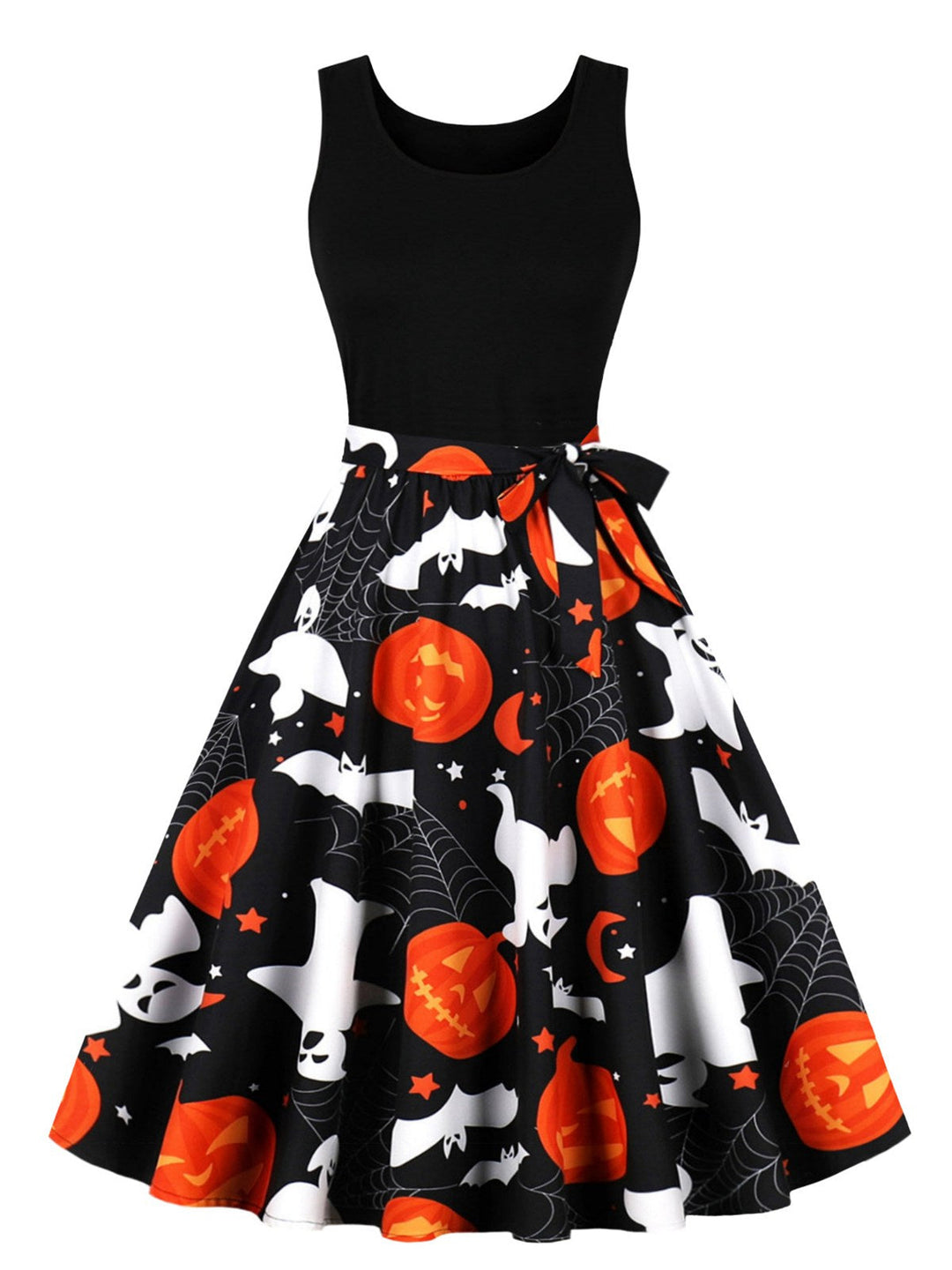 She slips into this 1950s Halloween Patchwork Sleeveless Dress and suddenly it&