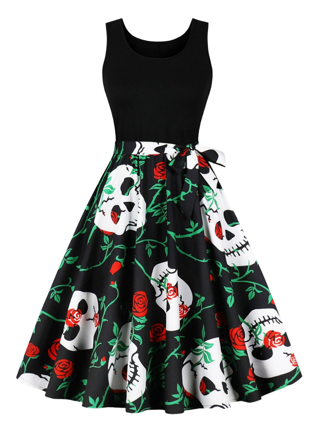 This 1950s Halloween Patchwork Sleeveless Dress wraps her in 1950s elegance, one twirl at a time