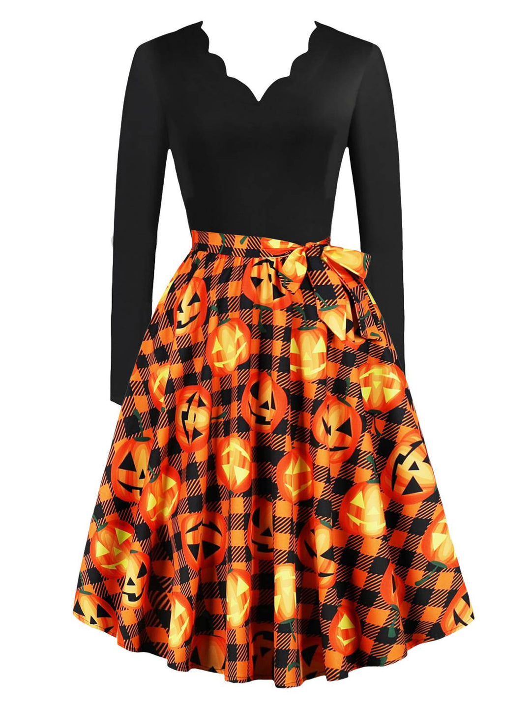 She slips into this 1950s Halloween Pattern Wave Neck Patchwork Dress and suddenly it&
