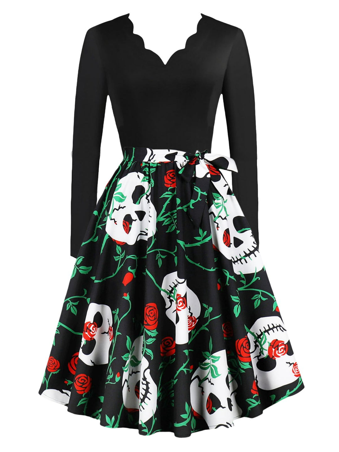 She slips into this 1950s Halloween Pattern Wave Neck Patchwork Dress and suddenly it&