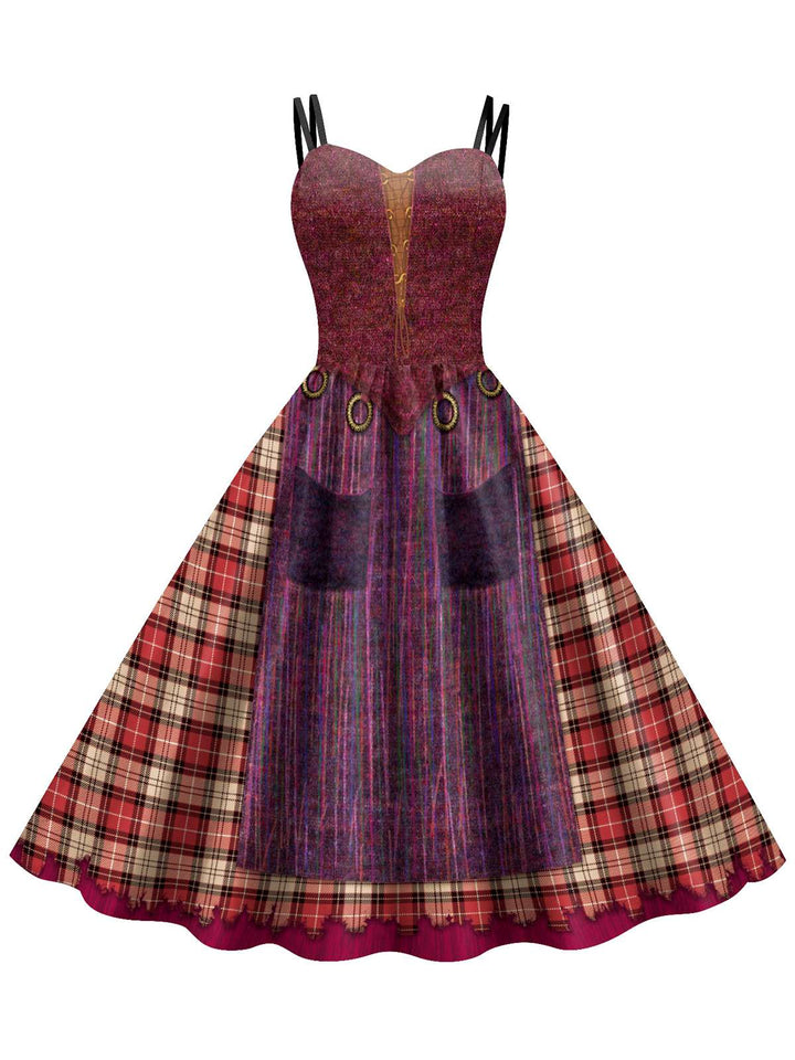 She slips into this 1950s Halloween Plaid Double Straps Dress and suddenly it&