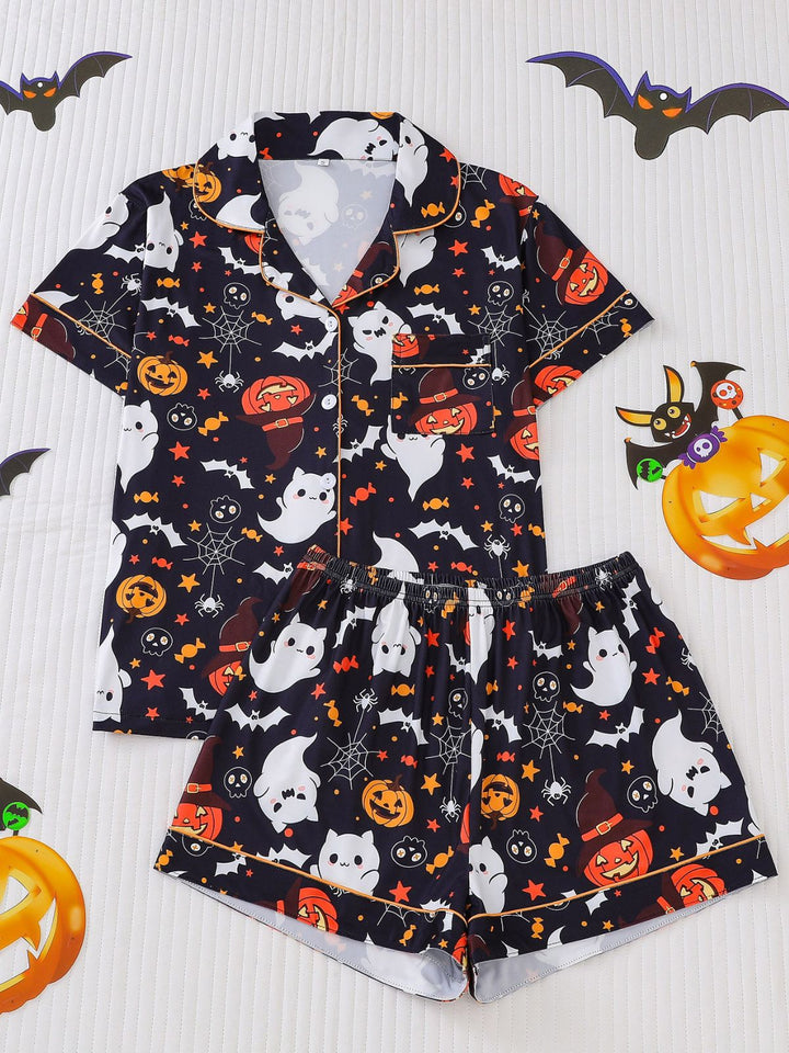 Halloween Print Notched Collar Pajama Set - vintage fashion, retro style