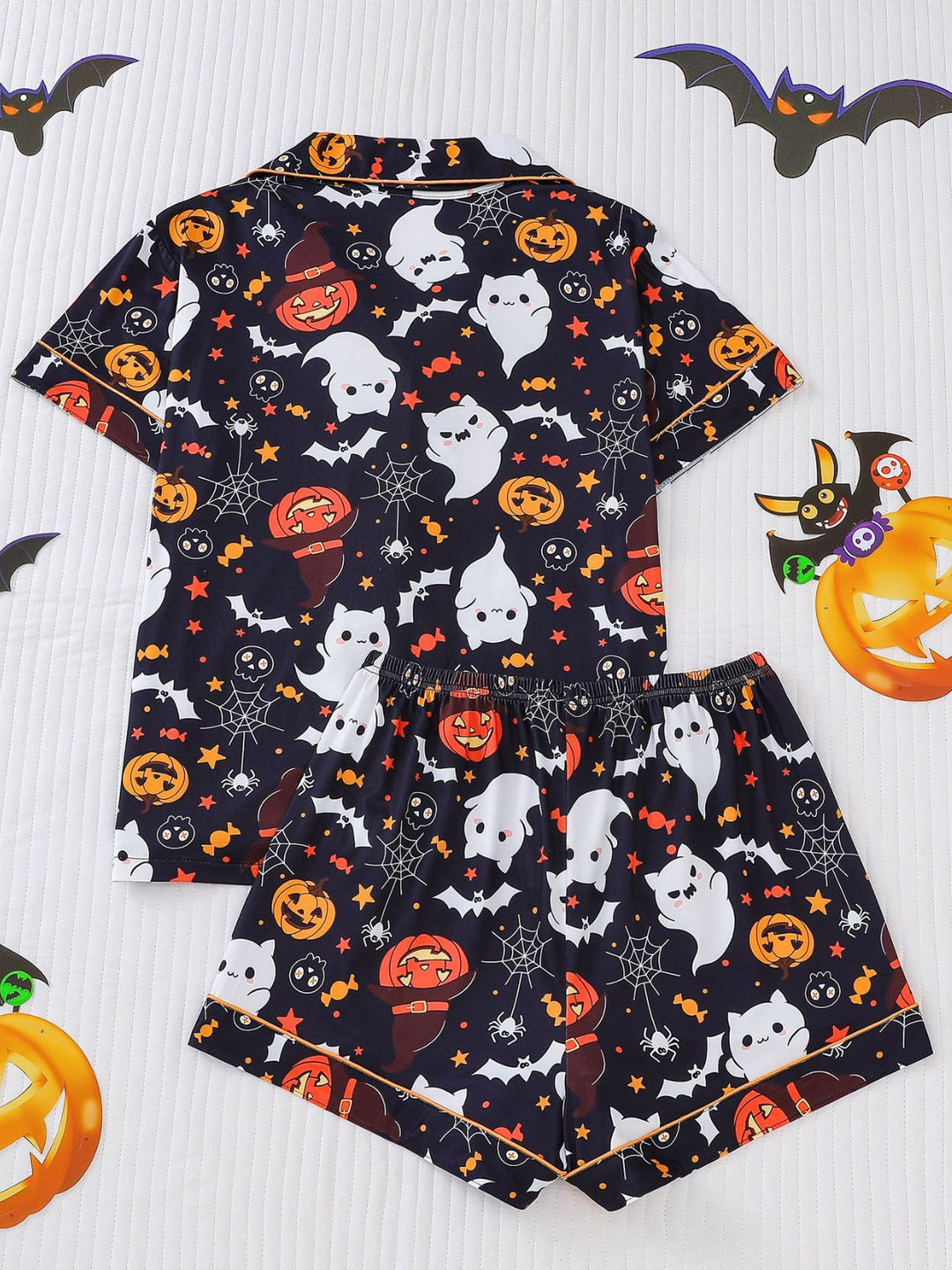 Halloween Print Notched Collar Pajama Set - vintage fashion, retro style