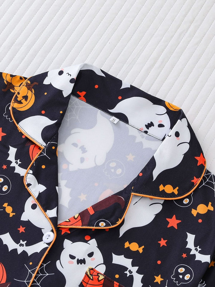 Halloween Print Notched Collar Pajama Set - vintage fashion, retro style