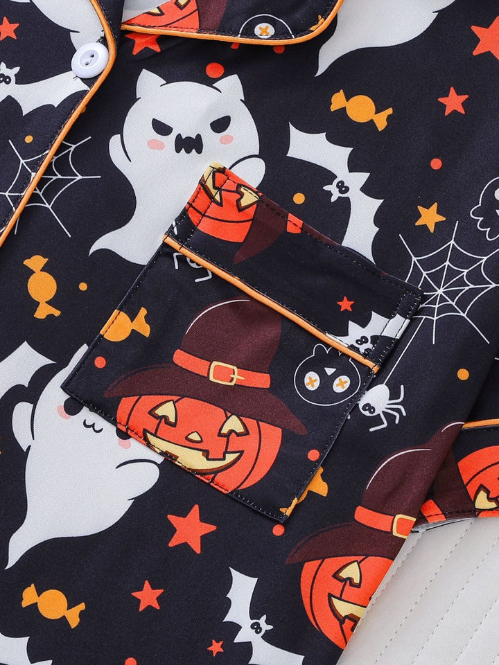 Halloween Print Notched Collar Pajama Set - vintage fashion, retro style