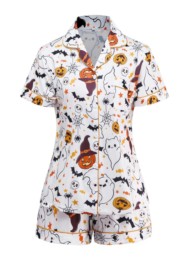 Halloween Print Notched Collar Pajama Set - vintage fashion, retro style