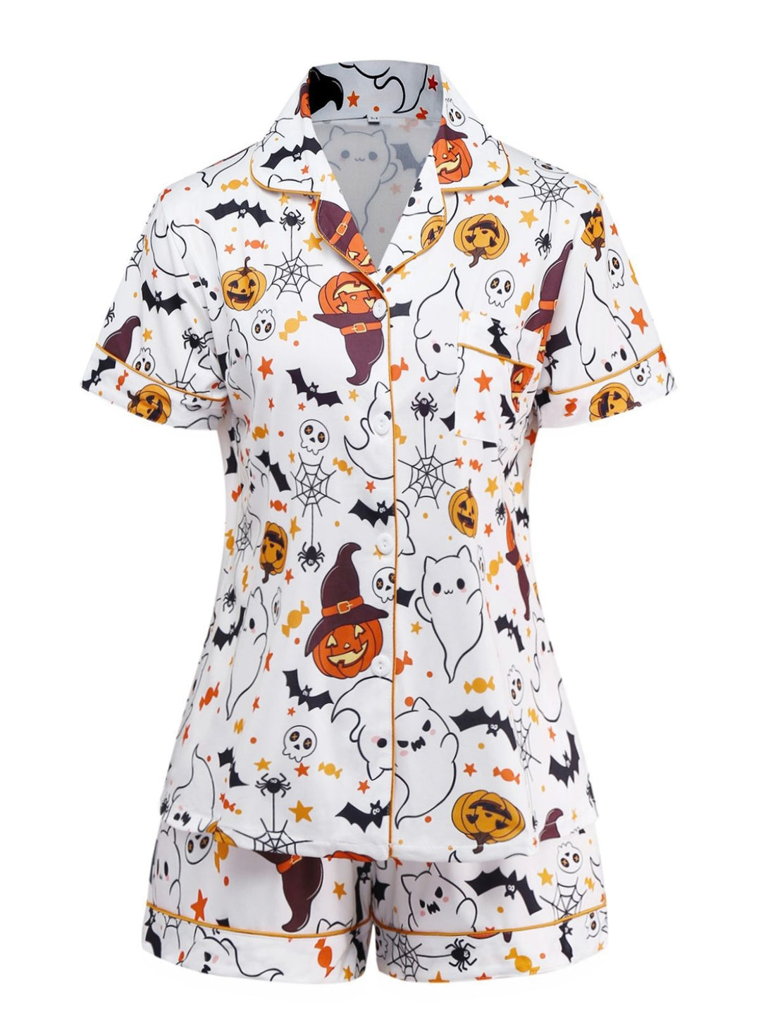 Halloween Print Notched Collar Pajama Set - vintage fashion, retro style