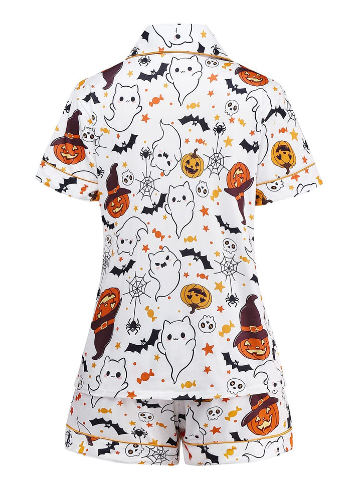 Halloween Print Notched Collar Pajama Set - vintage fashion, retro style