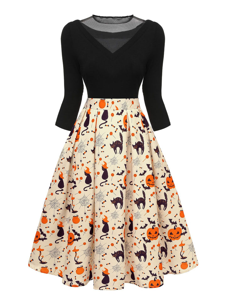 1950s Halloween Pumpkin Cat Knitted Top Patchwork Dress, vintage dress, retro fashion, rockabilly, pin-up fashion - perfect for women who love vintage and retro fashion