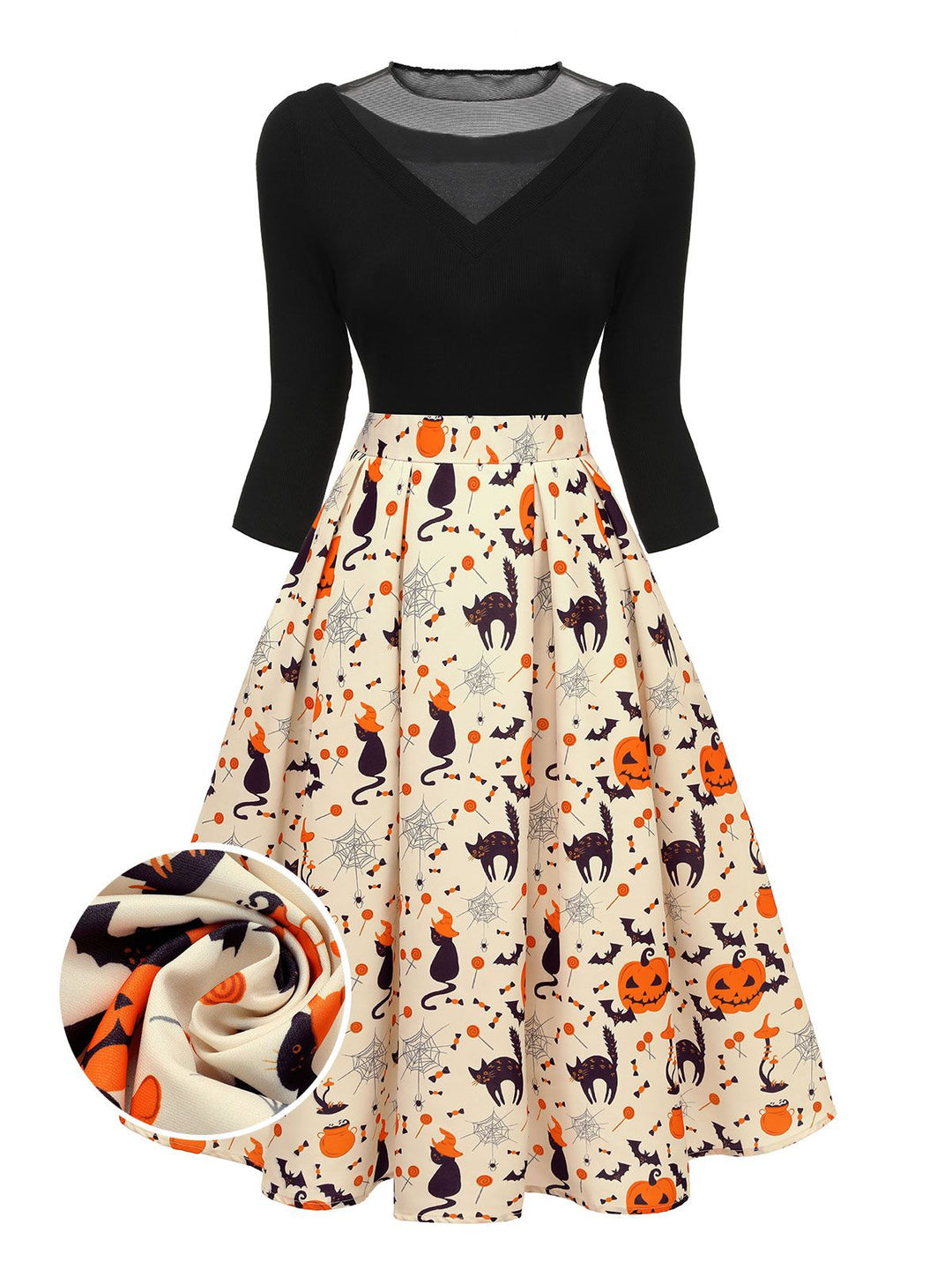 1950s Halloween Pumpkin Cat Knitted Top Patchwork Dress, vintage dress, retro fashion, rockabilly, pin-up fashion - perfect for women who love vintage and retro fashion