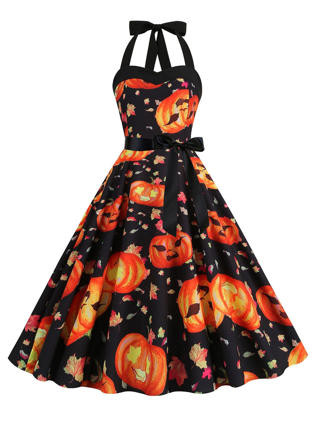 She slips into this 1950s Halloween Pumpkin Face Halter Dress and suddenly it&