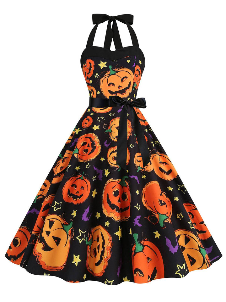 1950s Halloween Pumpkin Face Halter Dress — the kind of 1950s dress that makes strangers smile