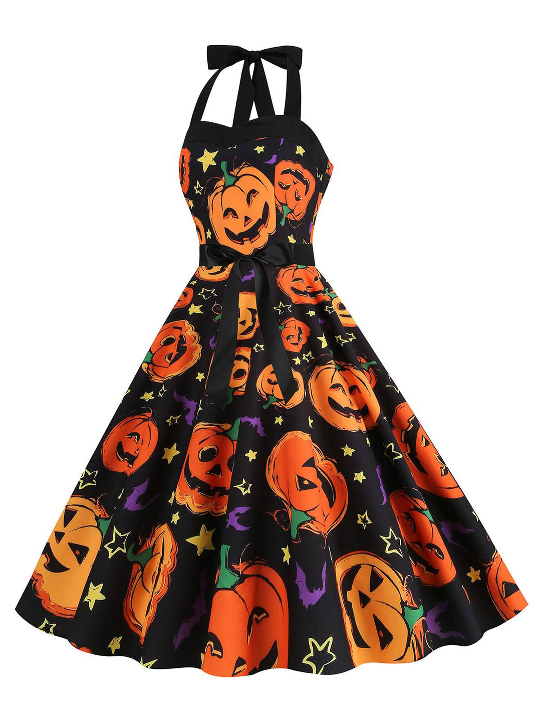 1950s Halloween Pumpkin Face Halter Dress — a 1950s silhouette that turns sidewalks into runways