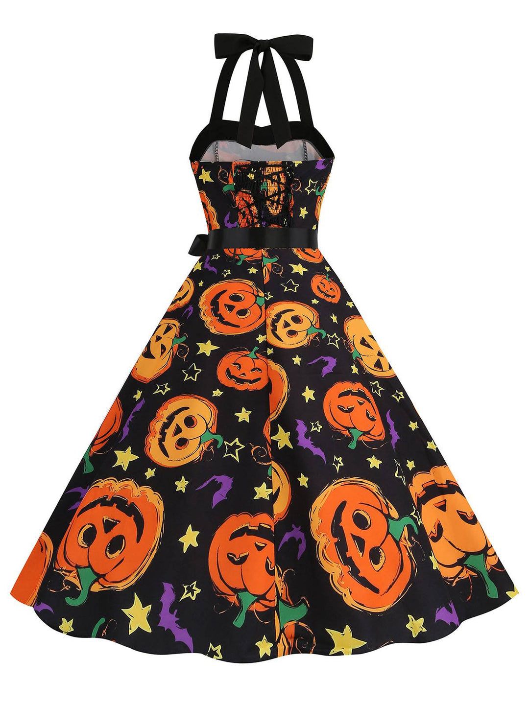 She slips into this 1950s Halloween Pumpkin Face Halter Dress and suddenly it&