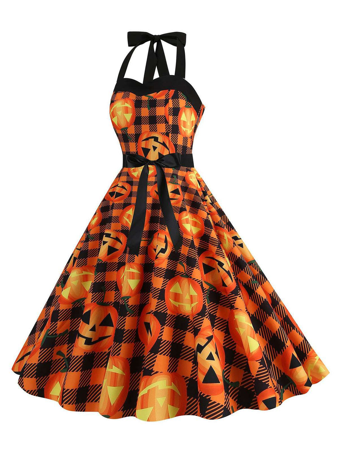 This 1950s Halloween Pumpkin Face Halter Dress wraps her in 1950s elegance, one twirl at a time