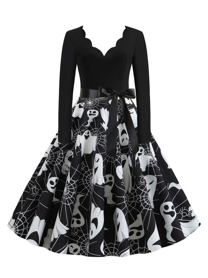 1950s Halloween Pumpkin Spiderweb Petal Neck Dress - vintage dress, retro fashion, rockabilly