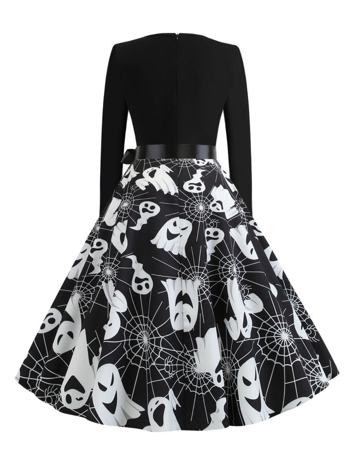 1950s Halloween Pumpkin Spiderweb Petal Neck Dress - vintage dress, retro fashion, rockabilly