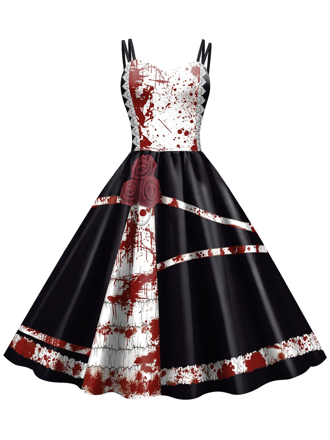 She slips into this 1950s Halloween Roses Blood Double Straps Dress and suddenly it&