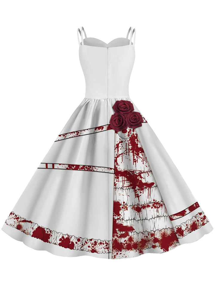 She slips into this 1950s Halloween Roses Blood Double Straps Dress and suddenly it&