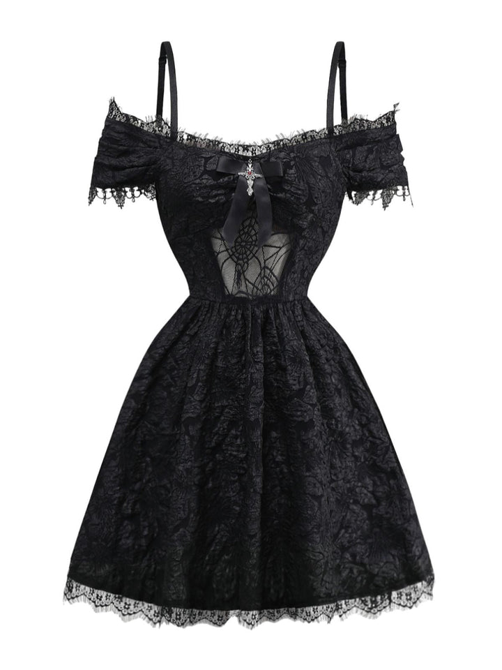 1950s Halloween Spider Web &amp; Cross Textured Dress - vintage dress, retro fashion, rockabilly