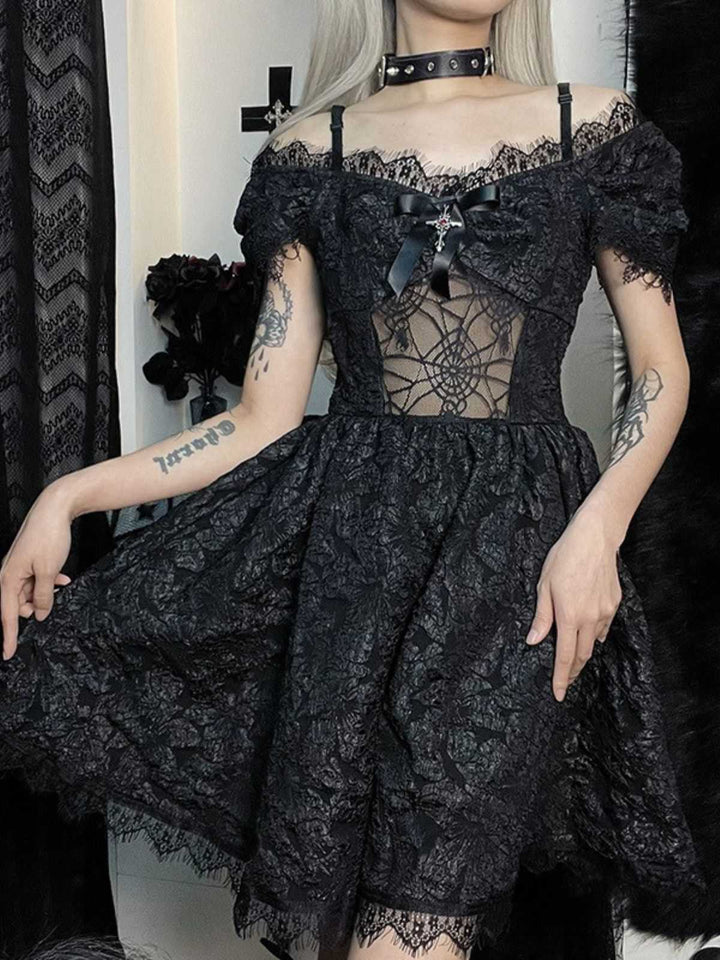 1950s Halloween Spider Web &amp; Cross Textured Dress - vintage dress, retro fashion, rockabilly