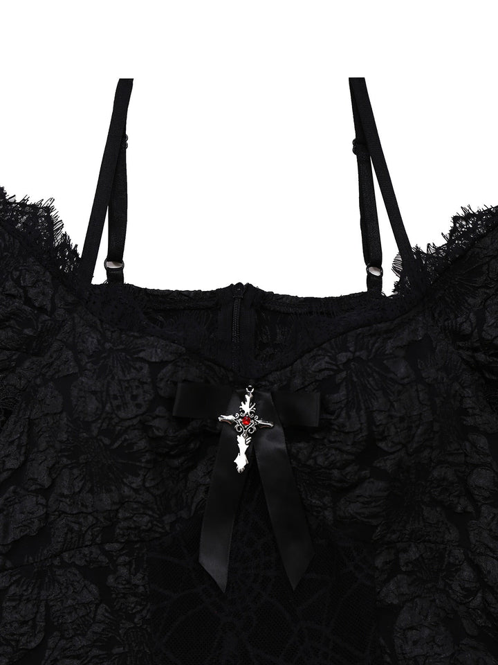 1950s Halloween Spider Web &amp; Cross Textured Dress - vintage dress, retro fashion, rockabilly