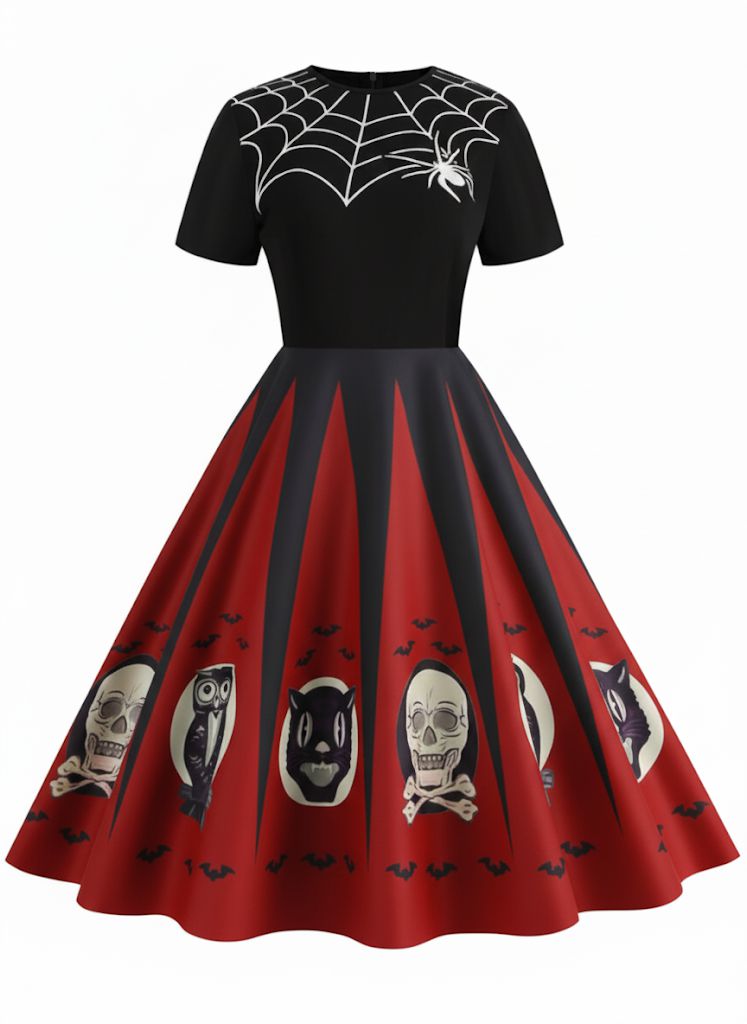 1950s Halloween Spider Web Print Patchwork Dress - vintage dress, retro fashion, rockabilly