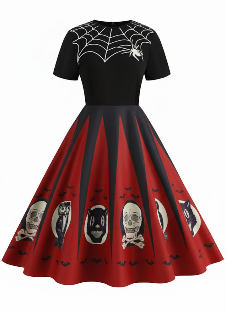 1950s Halloween Spider Web Print Patchwork Dress - vintage dress, retro fashion, rockabilly