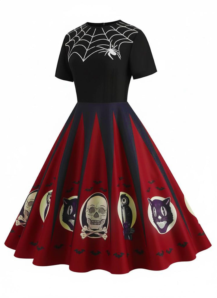 1950s Halloween Spider Web Print Patchwork Dress - vintage dress, retro fashion, rockabilly