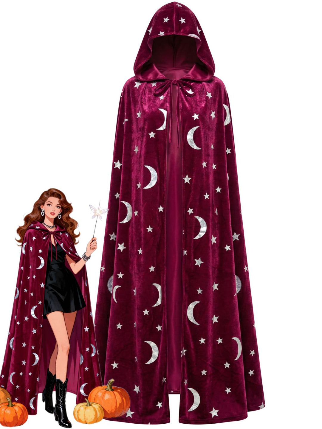 1950s Halloween Star &amp; Moon Velvet Long Hooded Cape, vintage fashion, retro style - perfect for women who love vintage and retro fashion