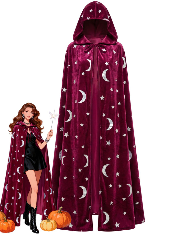 1950s Halloween Star &amp; Moon Velvet Long Hooded Cape, vintage fashion, retro style - perfect for women who love vintage and retro fashion