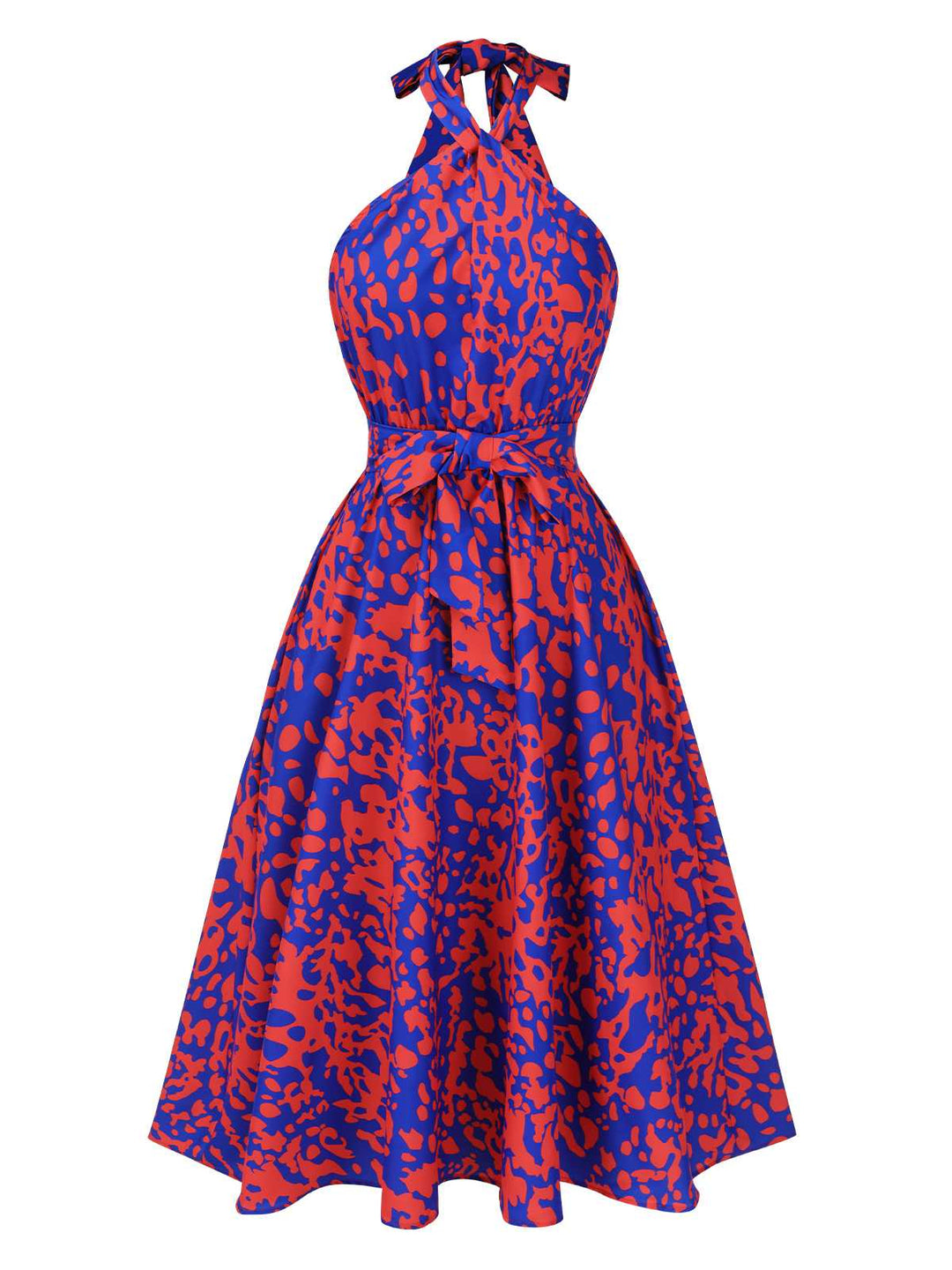 She slips into this 1950s Halter Abstract Print Backless Swing Dress and suddenly it&