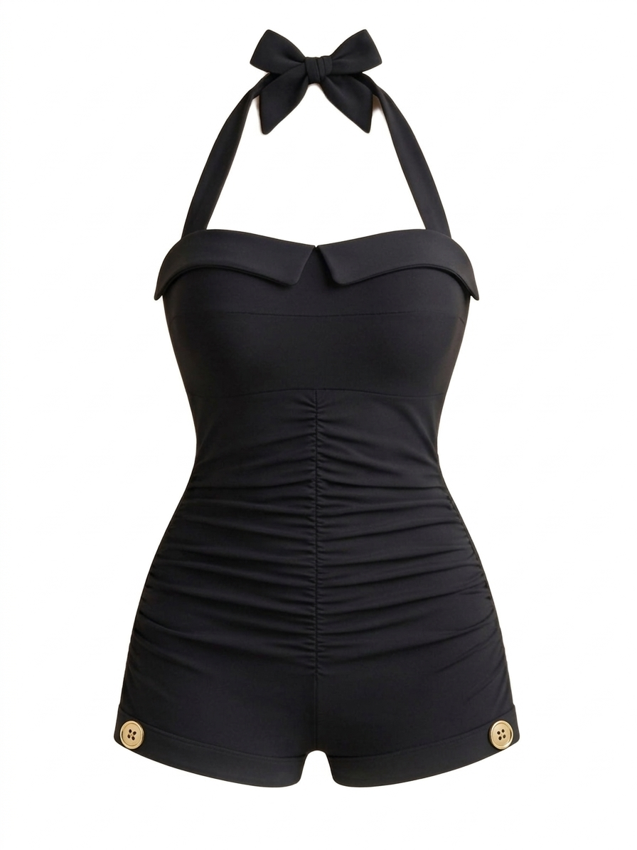 1950s Halter Bowknot One-piece Swimsuit - vintage swimwear, retro beach style for women