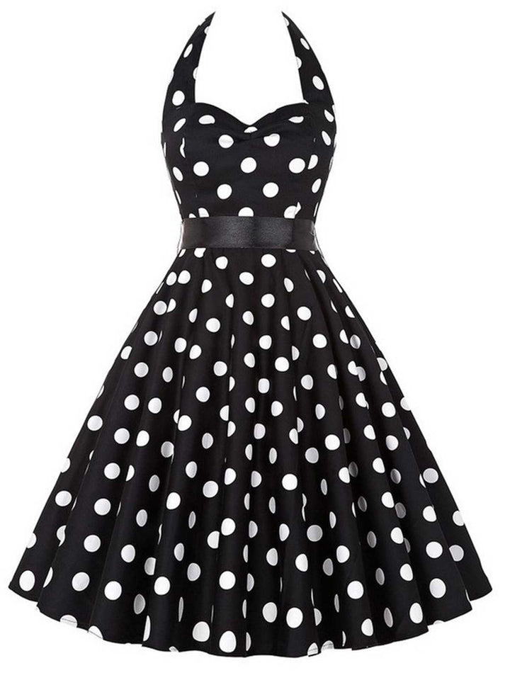 She slips into this 1950s Halter Contrast Polka Dots Belted Dress and suddenly it&
