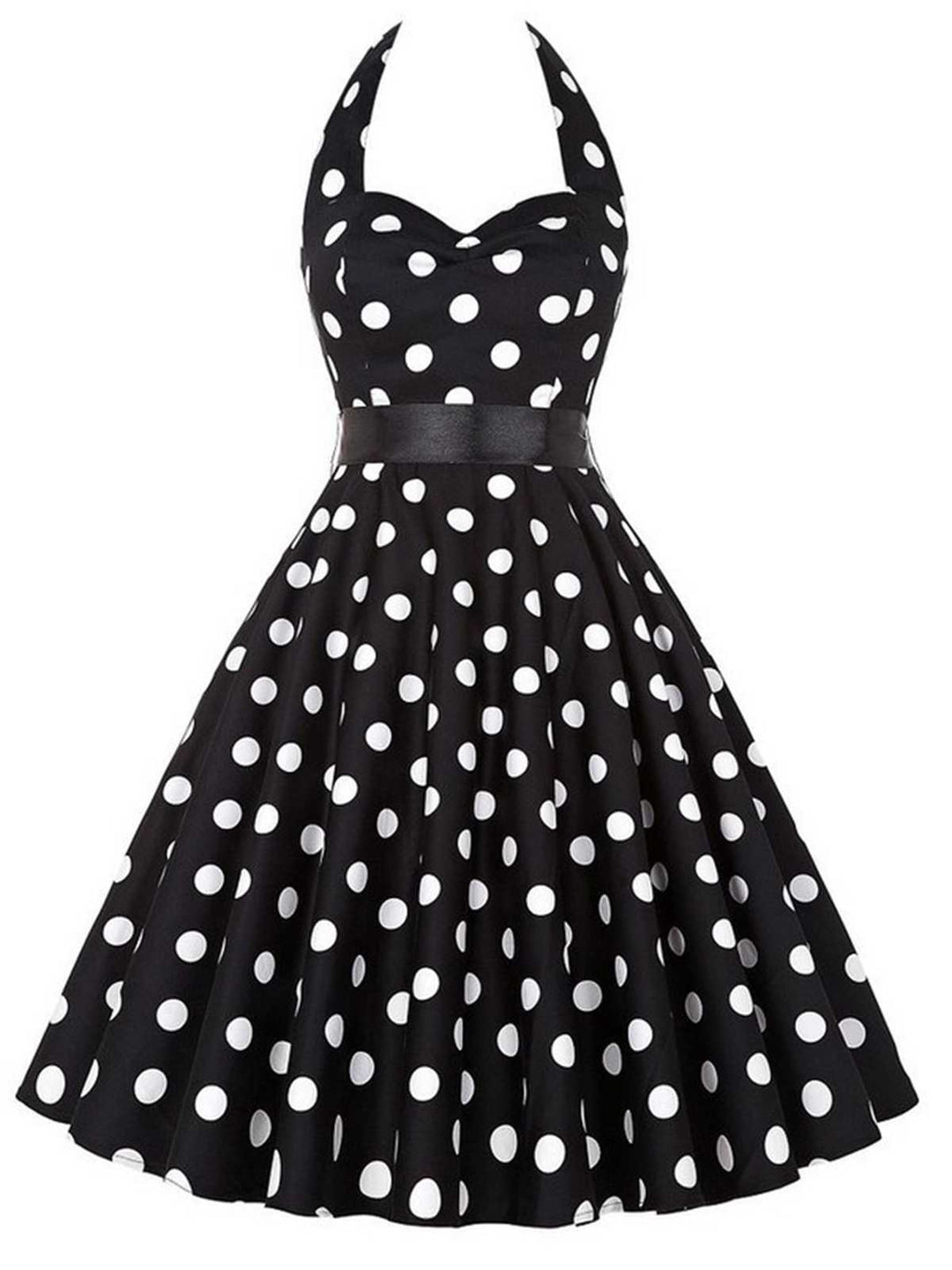 She slips into this 1950s Halter Contrast Polka Dots Belted Dress and suddenly it&