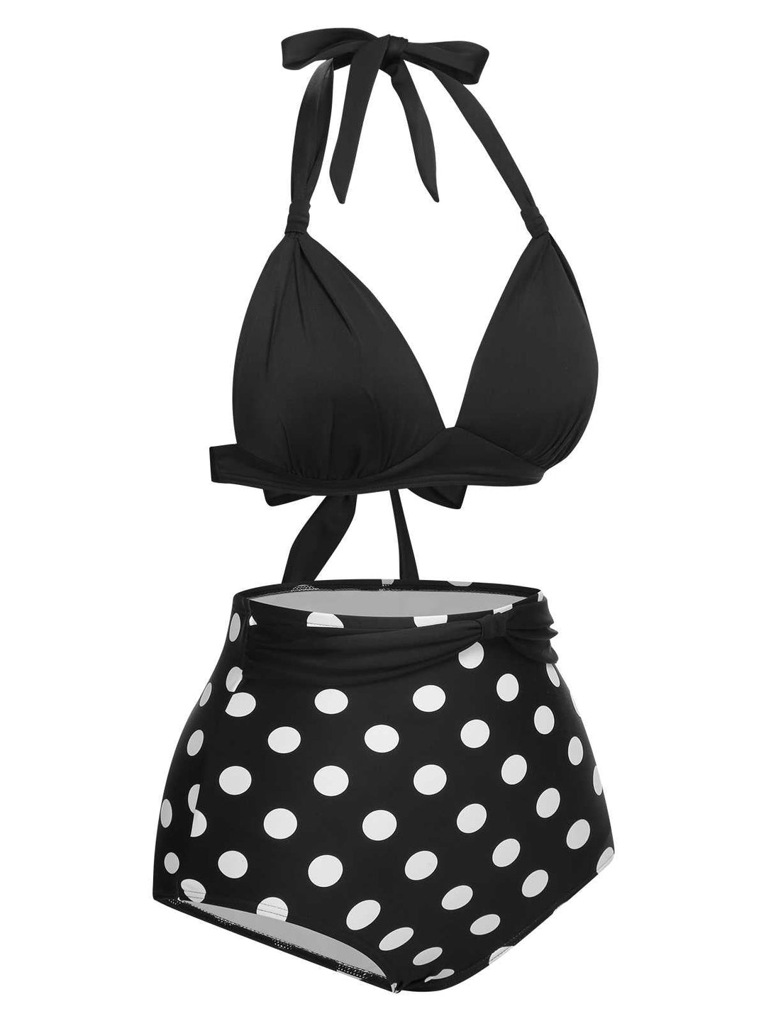 This 1950s Halter Contrast Polka Dots Swimsuit carries 1950s vacation dreams in every stitch