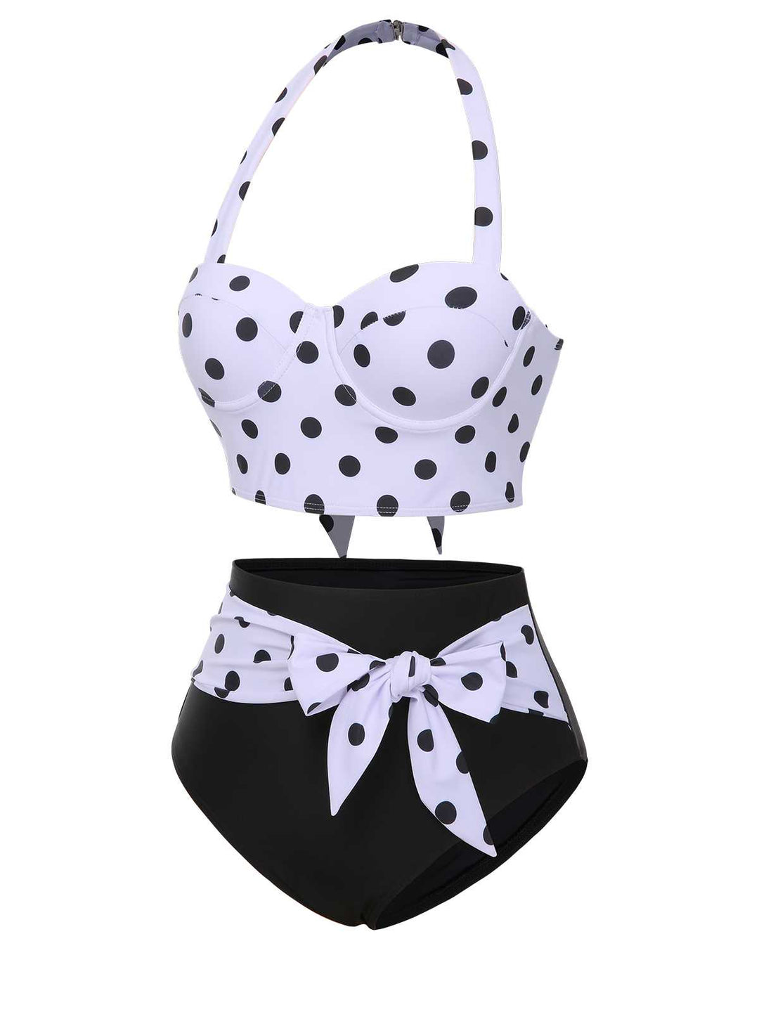 This Halter Contrast Polka Dots Swimsuit carries vacation dreams in every stitch