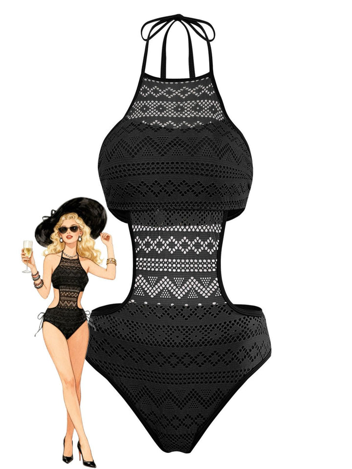 1950s Halter Cut-Out Solid One-Piece Swimsuit - vintage swimsuit, pin-up style