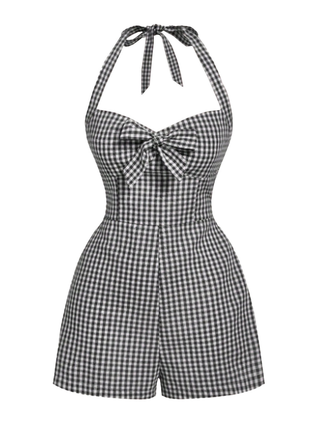 1950s Halter Gingham Plaids Bow Romper - vintage jumpsuit, retro fashion