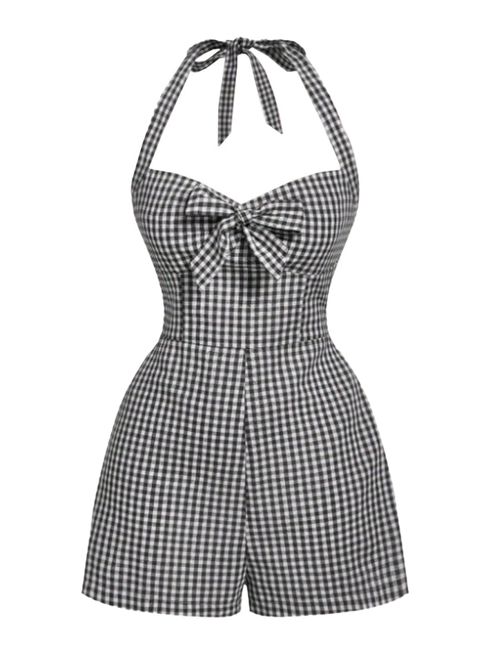 1950s Halter Gingham Plaids Bow Romper - vintage jumpsuit, retro fashion