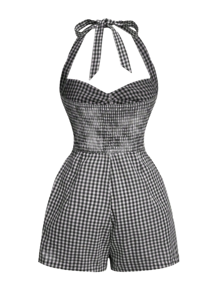 1950s Halter Gingham Plaids Bow Romper - vintage jumpsuit, retro fashion
