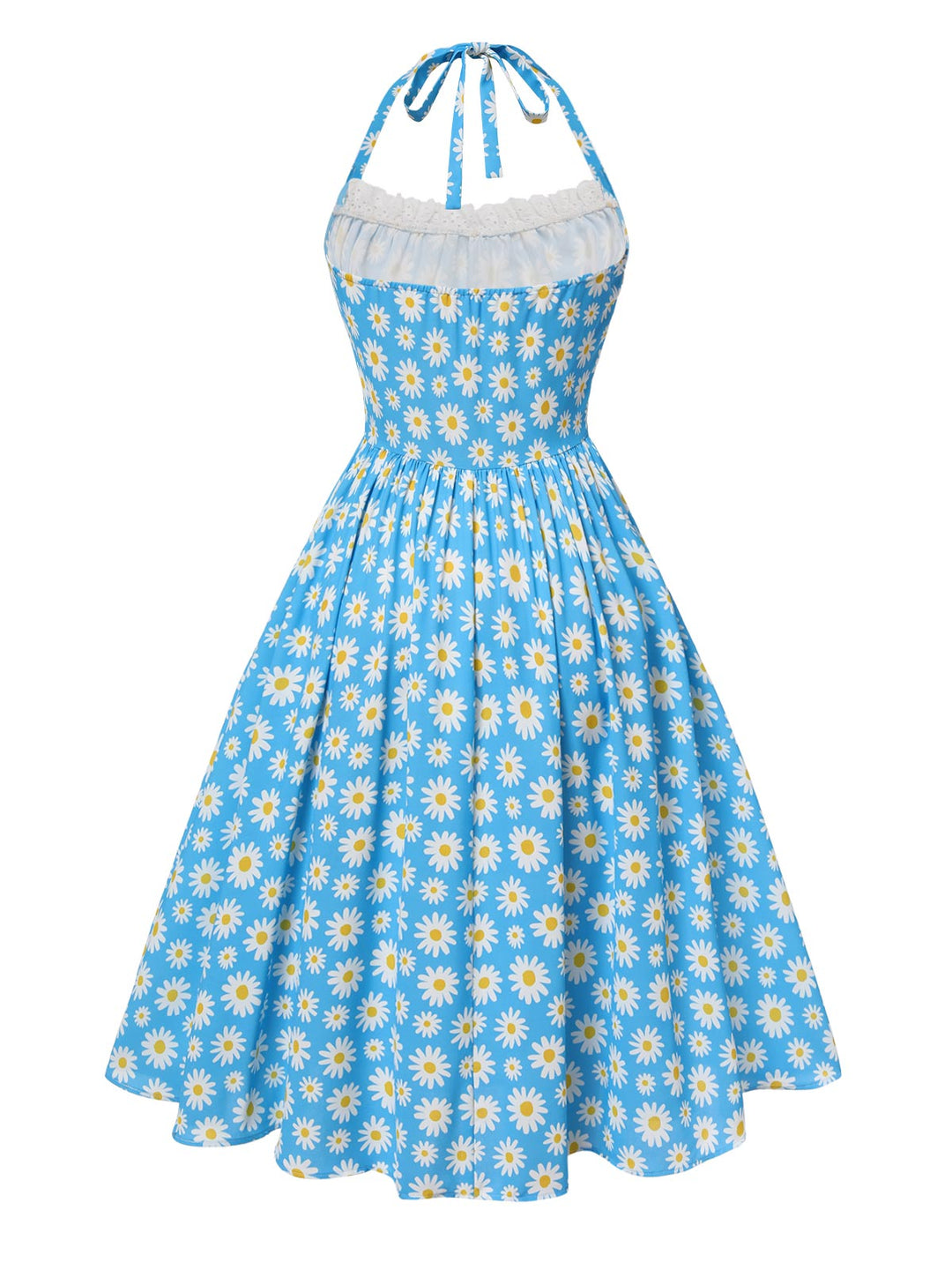 Blue 1950s Halter Lace Daisy Dress — a 1950s silhouette that turns sidewalks into runways
