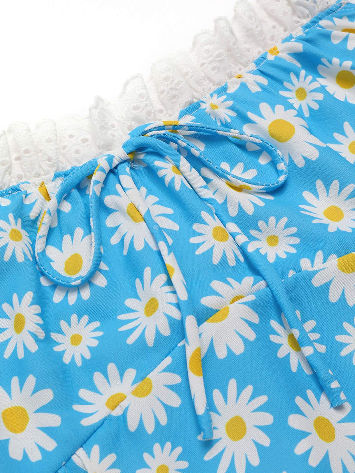 She slips into this Blue 1950s Halter Lace Daisy Dress and suddenly it&