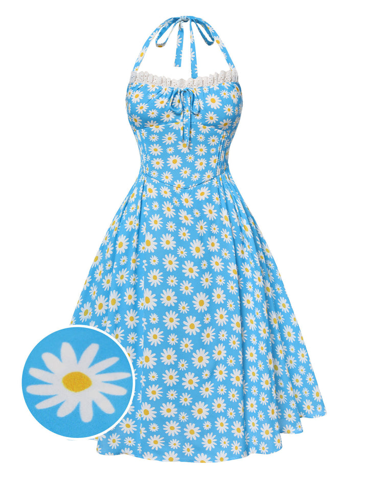 She slips into this Blue 1950s Halter Lace Daisy Dress and suddenly it&