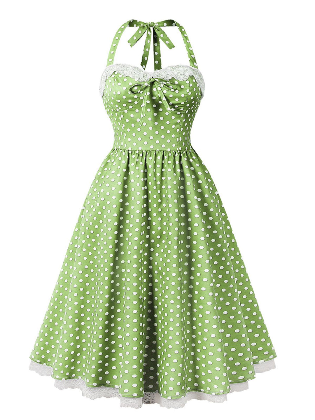 She slips into this 1950s Halter Lace Patchwork Polka Dots Dress and suddenly it&