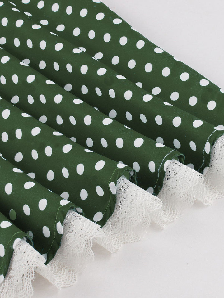 She slips into this 1950s Halter Lace Patchwork Polka Dots Dress and suddenly it&